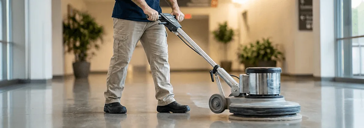 Professional technician using an industrial floor buffer to polish and maintain shiny commercial flooring in a corporate hallway in Wichita, KS.