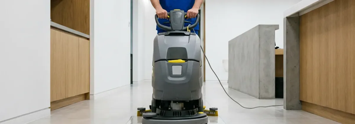 Janitorial staff using a floor scrubber machine to clean a commercial hallway, Wichita, KS.